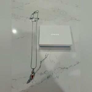 Chico's Parrot Silver-Tone Pendant Adjustable Necklace with Red and Gold Accents